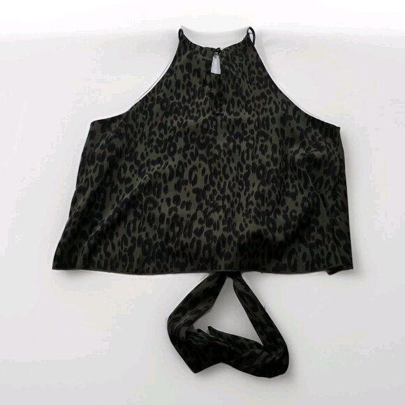 Tyche Halter Tie Front Top Womens L Green Black Leopard Print Lined Boho Preppy - Picture 11 of 13